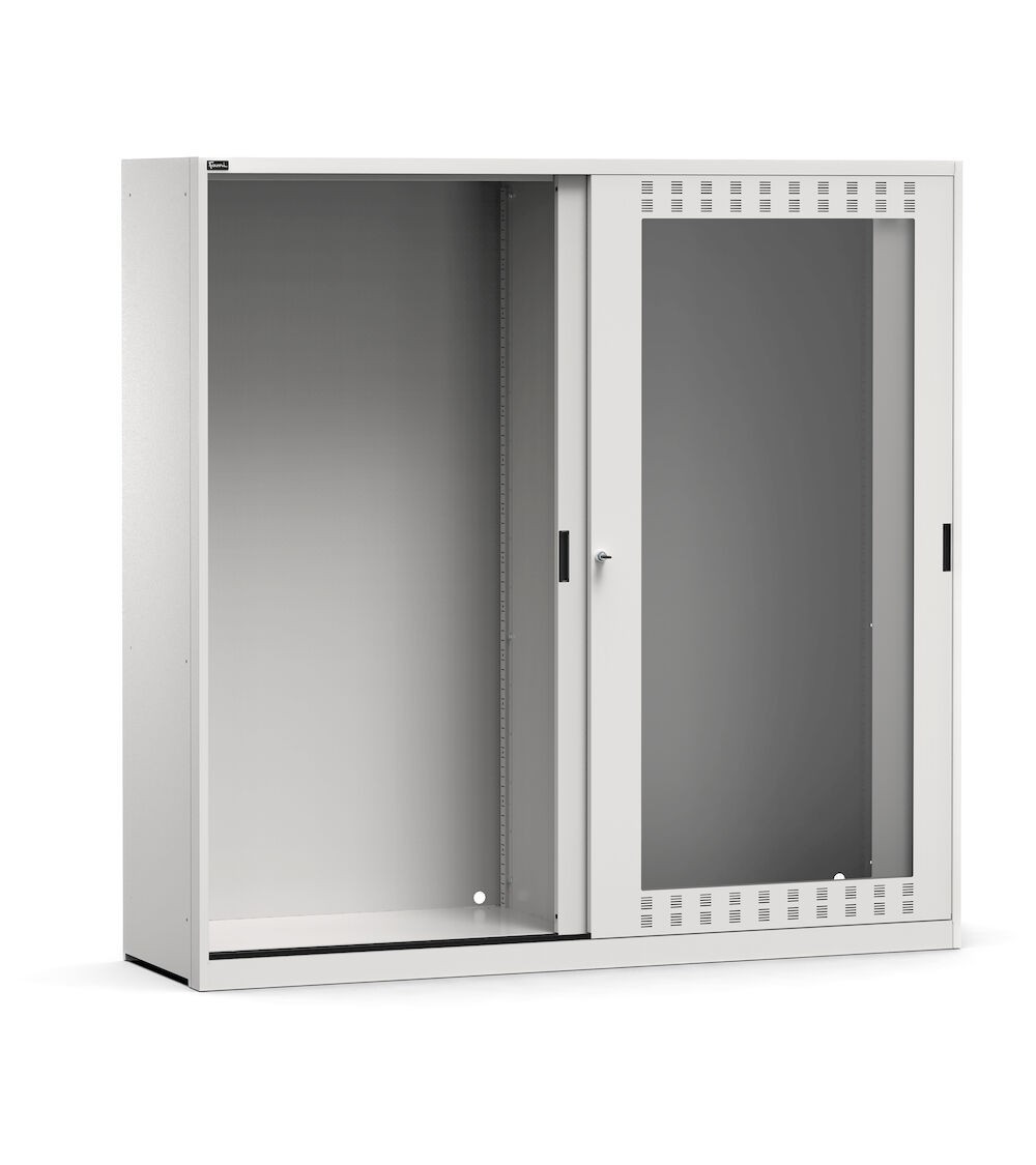 Empty cabinet with slotted sliding polycarbonate doors, W2040 x D600 x H2000 mm, RAL 6035 + 7016