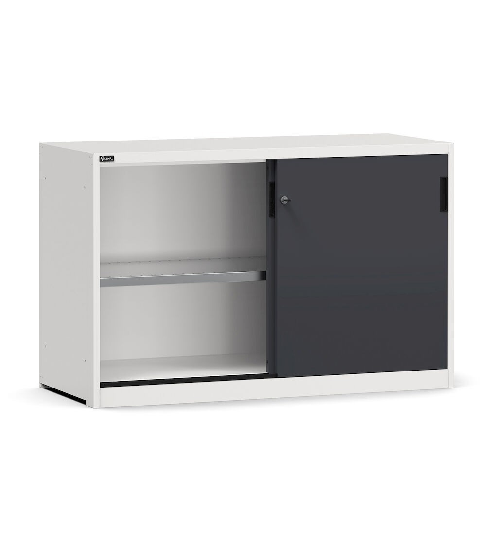 Armadietto metallico con porte scorrevoli e ripiani, L1428 x P600 x H915 mm, RAL 7035 + 7016, PERFOM20004