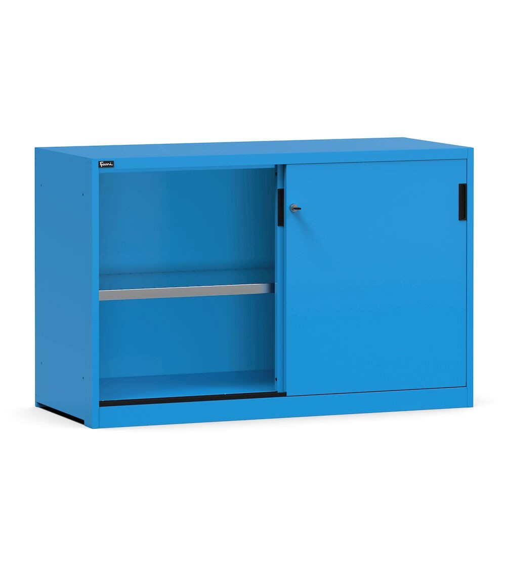 Armadietto metallico con porte scorrevoli e ripiani, L1428 x P600 x H915 mm, RAL5012, PERFOM20006
