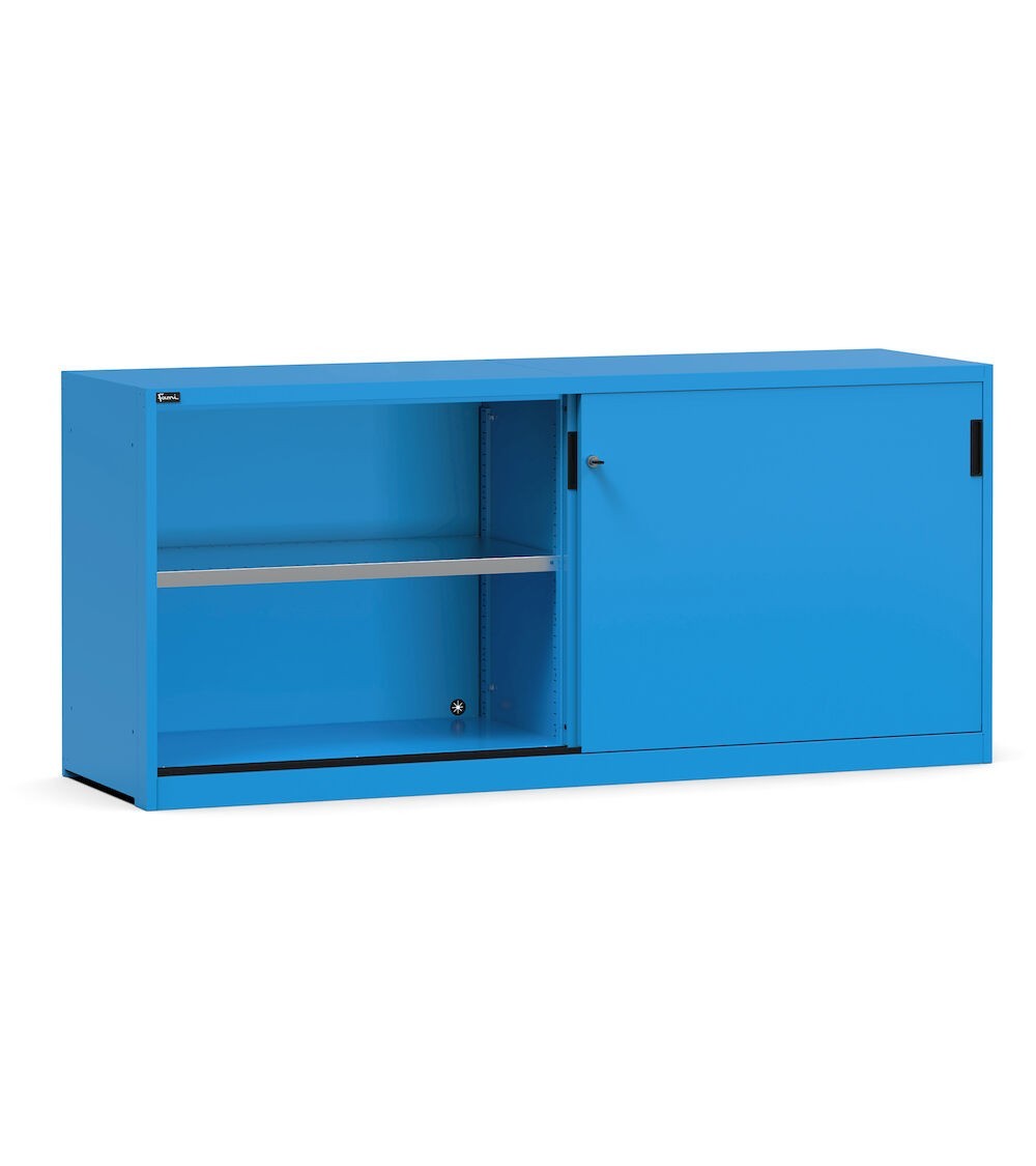 Armadietto metallico con porte scorrevoli e ripiani, L2040 x P600 x H915 mm, RAL 5012, PERFOM20009