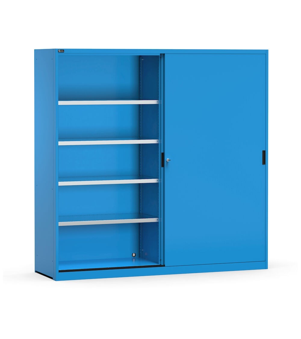 Armadio in metallo, porte scorrevoli e ripiani, L2040 x P600 x H2000 mm, RAL 5012, PERFOM21009