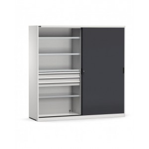 Armadio metallico 2 ante scorrevoli con cassetti e piani, L2040 x P600 x H2000 mm, RAL 7035 + 7016, PERFOM21010