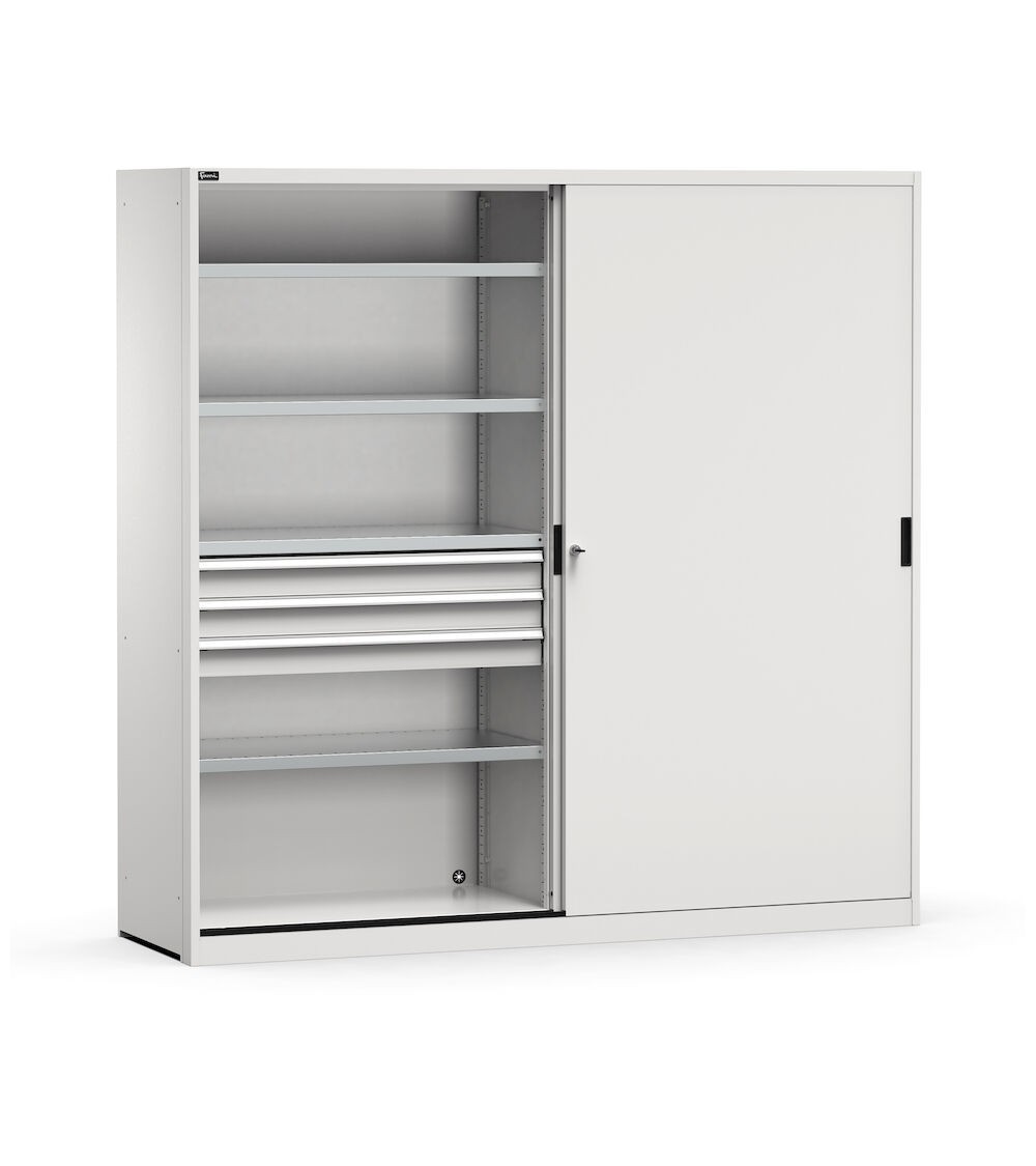 Armadio metallico 2 ante scorrevoli con cassetti e piani, L2040 x P600 x H2000 mm, RAL 7035, PERFOM21011