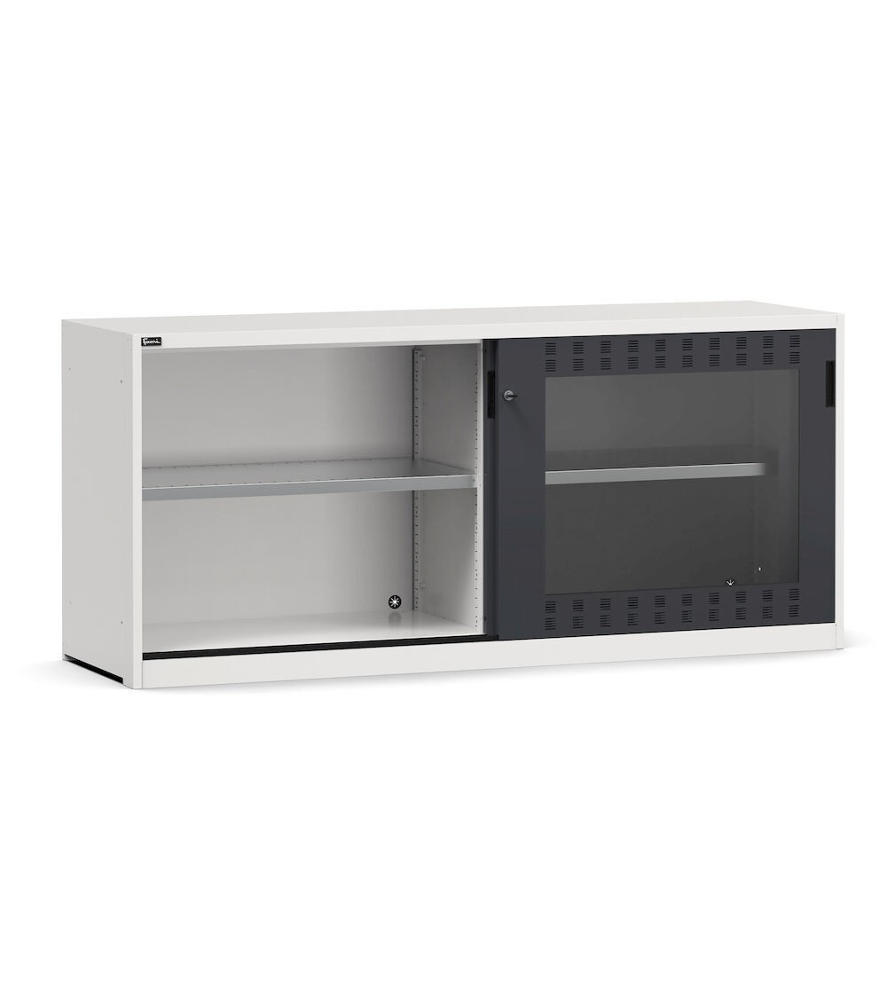 Armadio basso con ante scorrevoli in policarbonato e piani fessurati, L2040 x P600 x H915 mm, RAL 7035 + 7016, PERFOM24003