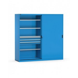 Armadio metallico 2 ante scorrevoli con cassetti e piani, L2040 x P600 x H2000 mm, RAL 5012, PERFOM21012