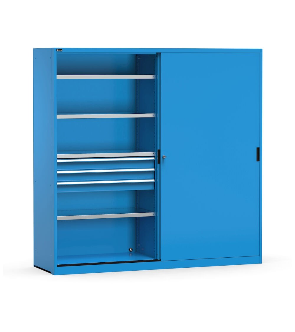 Armadio metallico 2 ante scorrevoli con cassetti e piani, L2040 x P600 x H2000 mm, RAL 5012, PERFOM21012