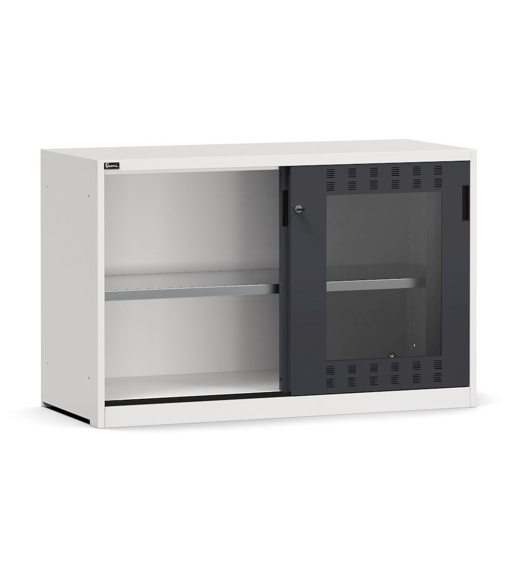 Armadio basso con porte scorrevoli in policarbonato e piano fessurato, L1428 x P600 x H915 mm, PERFOM24002