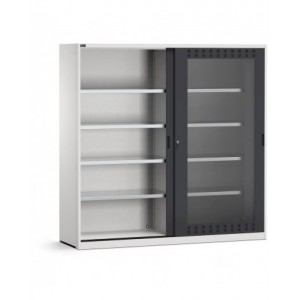 Armadio con porte scorrevoli fessurate in policarbonato e ripiani, L2040 x P600 x H2000 mm, RAL 7035 + 7016, PERFOM25003