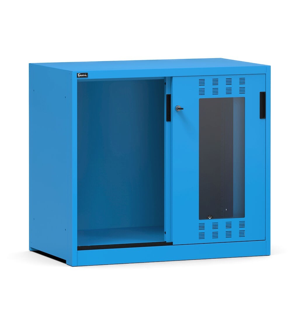 Empty cabinet with slotted sliding polycarbonate doors, W1020 x D600 x H915 mm, RAL 7035 + 7016