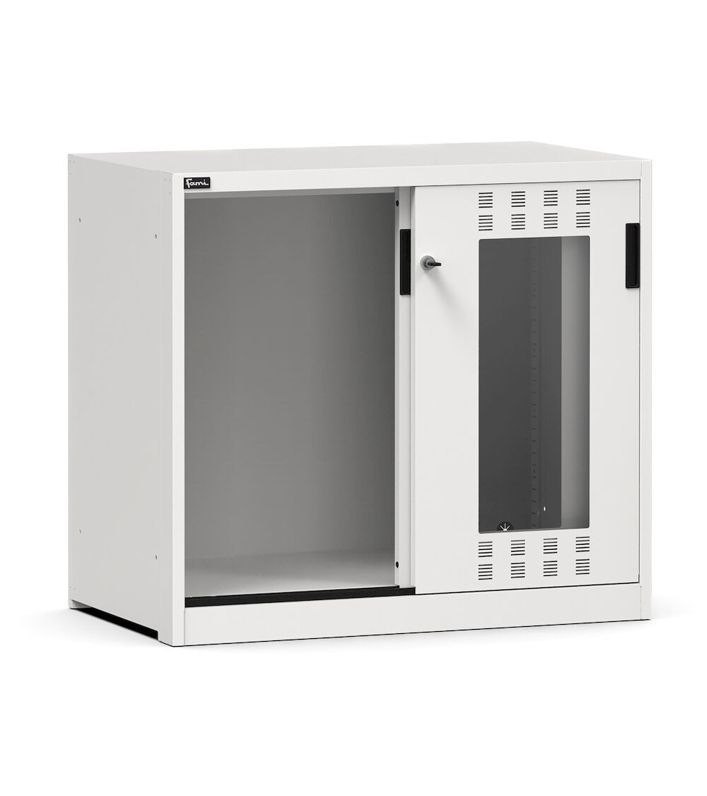 Leerer Werkstattschrank mit geschlitzten Schiebetüren aus Polycarbonat, B1020 x T600 x H915 mm