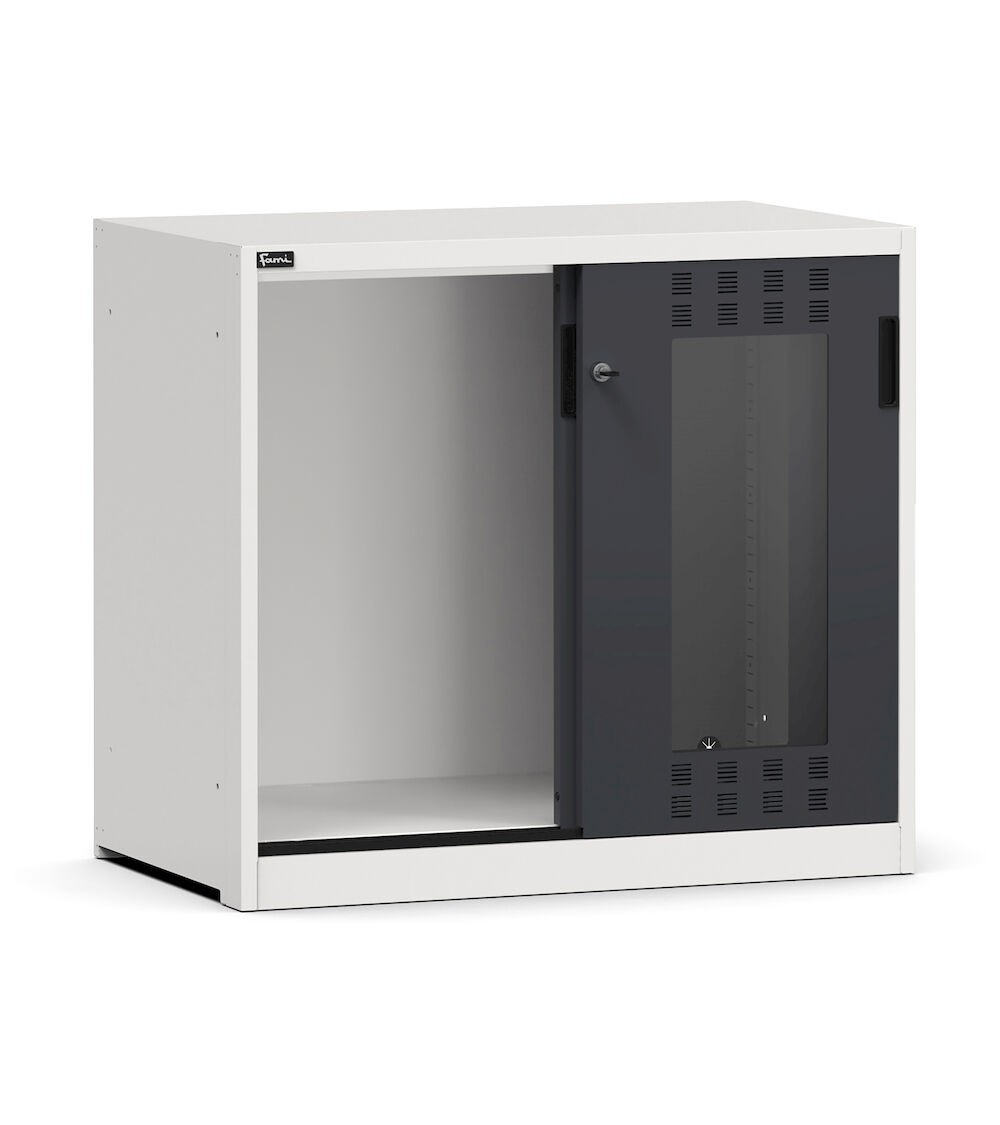 Empty cabinet with slotted sliding polycarbonate doors, W1020 x D600 x H915 mm, RAL 7035 + 7016
