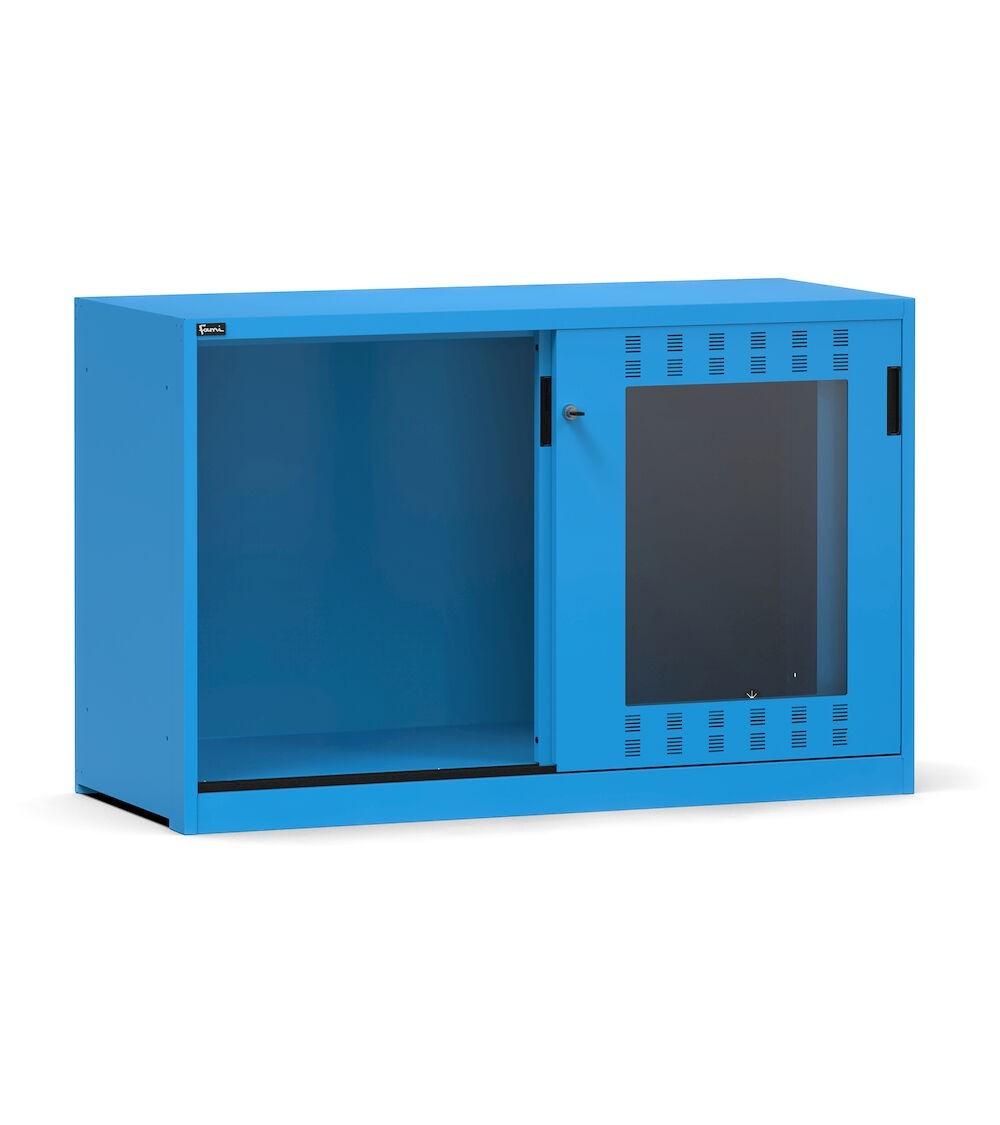 Empty cabinet with slotted sliding polycarbonate doors, W1428 x D600 x H915 mm, RAL 7035 + 7016