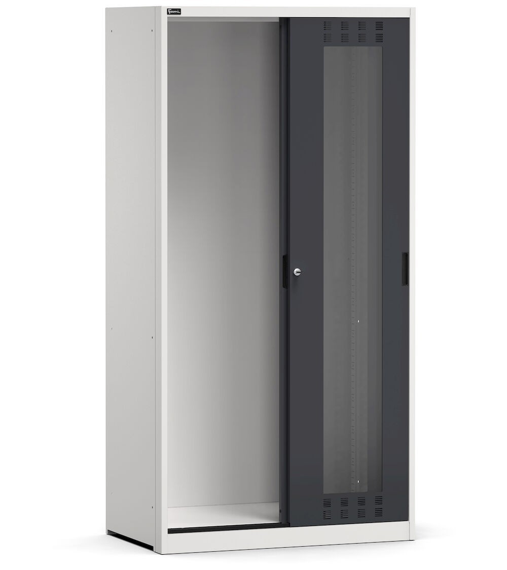 Empty cabinet with slotted sliding polycarbonate doors, W1020 x D600 x H2000 mm, RAL 7035 + 7016