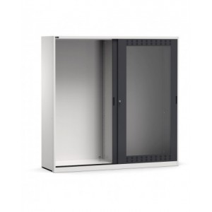 Empty cabinet with slotted sliding polycarbonate doors, W2040 x D600 x H2000 mm, RAL 6035 + 7016