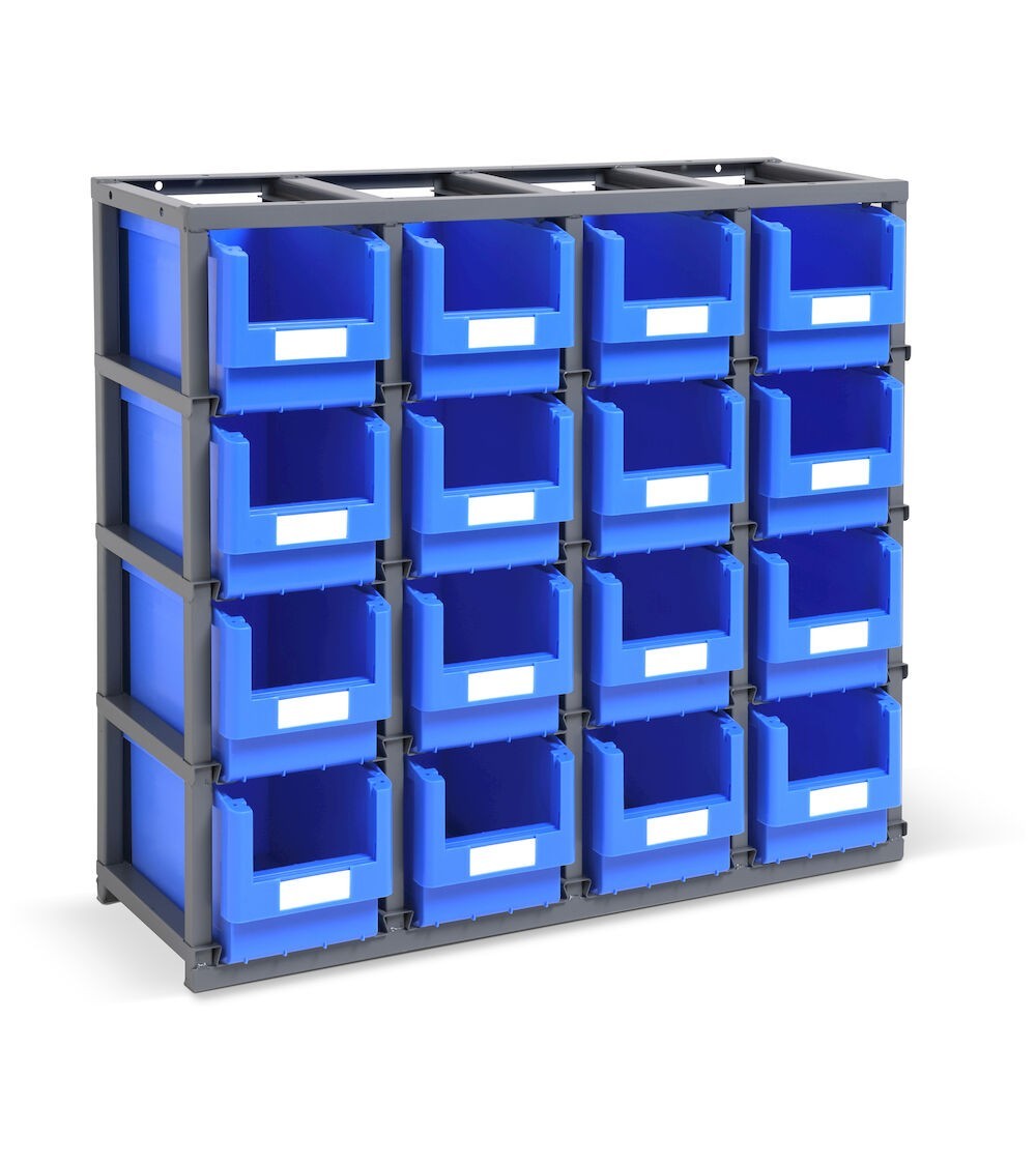 Single-piece rack for small parts with 16 Picking Box Mythos containers, size 3, W1025 xD355 x H885 mm