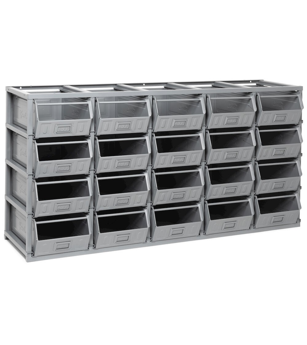 Scaffale monoblocco porta minuteria con 20 contenitori in metallo mis. 4, L1765 x P500 x H885 mm