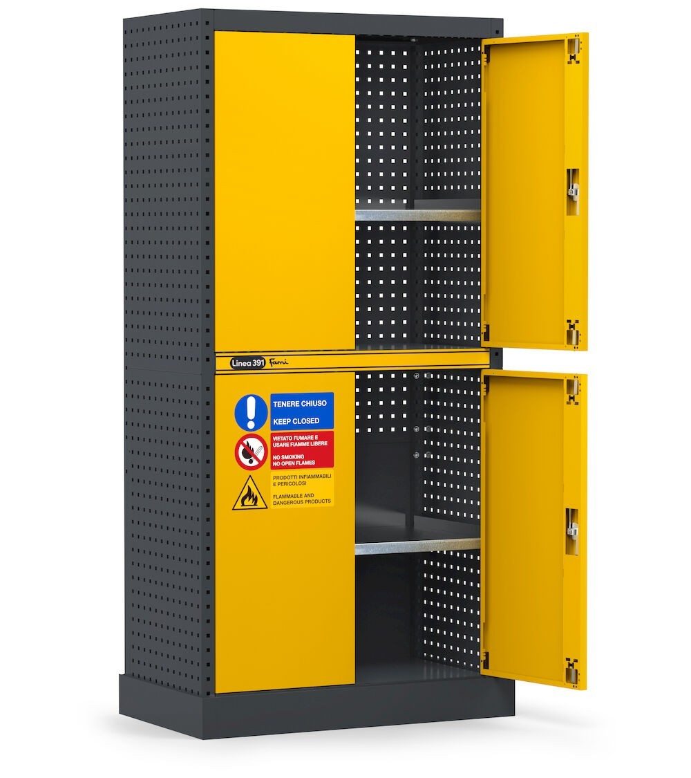 Armadio per infiammabili ad ante a battente con vasca stagna esterna, L944 x P540 x H1900 mm