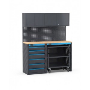 Arredo officina con cassettiera e carrello a 3 piani, L1520 x P495 x H1900 mm