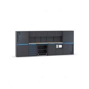 Arredo officina con armadi ad anta, cassettiera, carrello e modulo di servizio, L4560 x P495 x H1900 mm