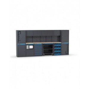 Arredo officina con armadi a un anta, modulo di servizio, cassettiera, carrello e contenitori, L3952 x P495 x H1900 mm