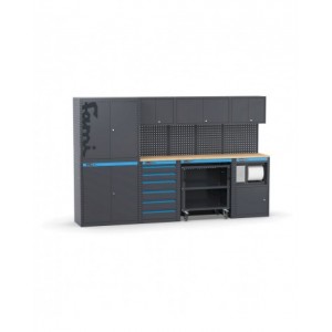 Arredo officina con armadi a due ante, cassettiera, carrello e modulo di servizio, L3040 x P495 x H1900 mm