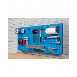 Parete porta attrezzi da muro da 150 cm completa di accessori e 4 contenitori, blu