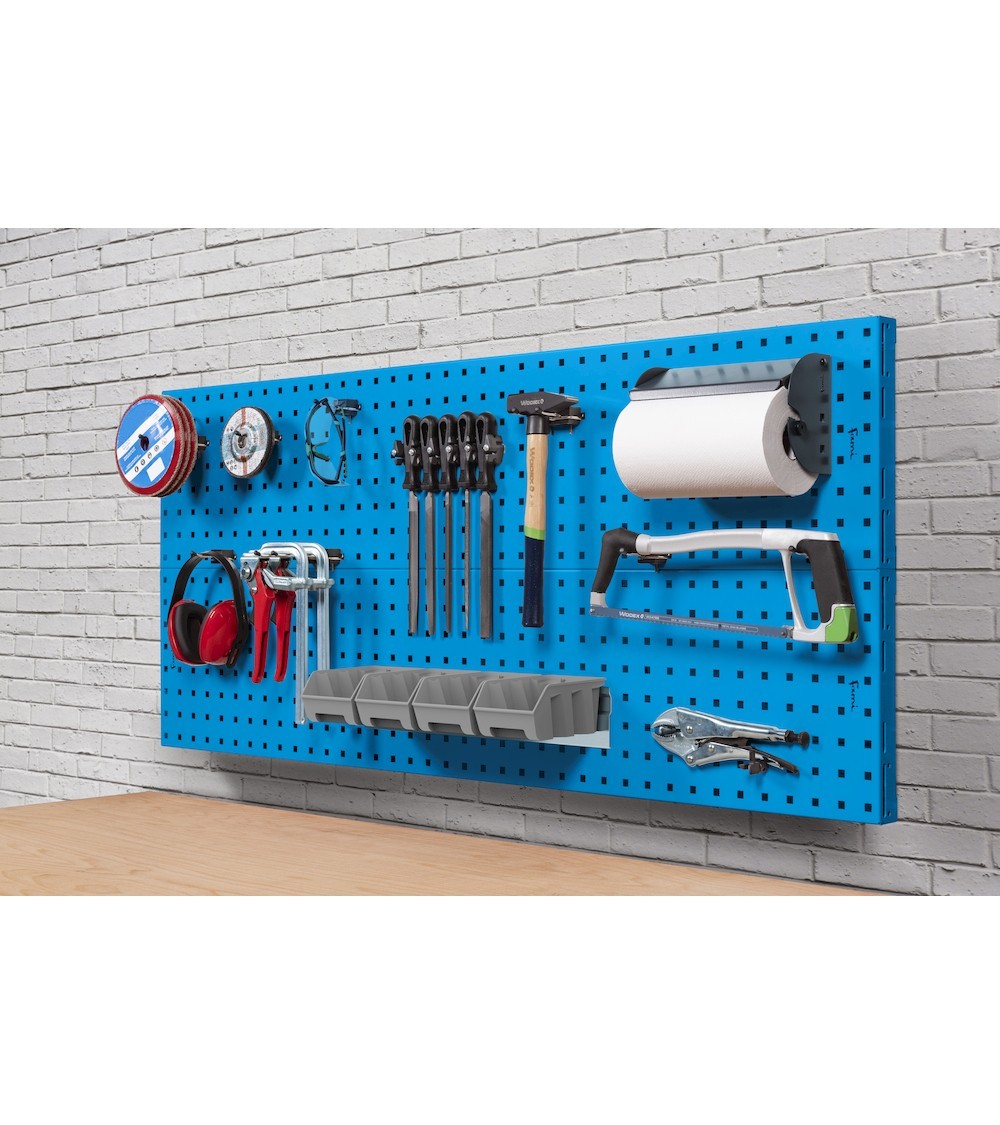 Parete porta attrezzi da muro da 150 cm completa di accessori e 4 contenitori, blu