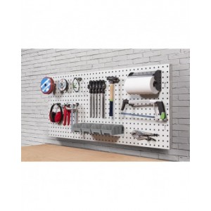 Parete porta attrezzi da muro da  150 cm completa di accessori e 4 contenitori, grigio