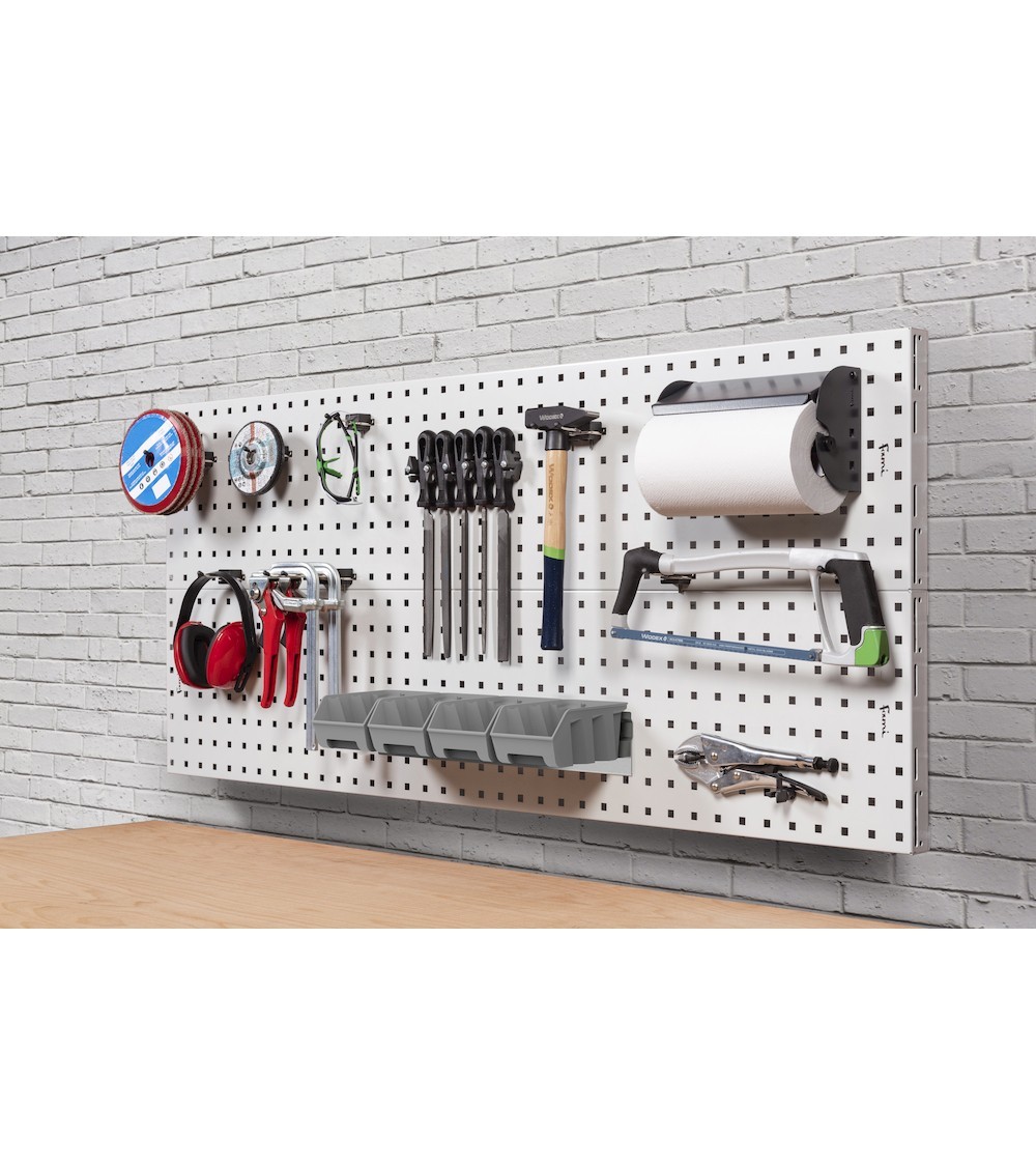 Parete porta attrezzi da muro da  150 cm completa di accessori e 4 contenitori, grigio