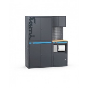 Arredo officina con armadi a 2 ante e modulo di servizio, L1520 x P495 x H1900 mm