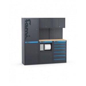 Arredo officina con armadi a 1 anta, modulo di servizio e cassettiera, L1824 x P495 x H1900 mm