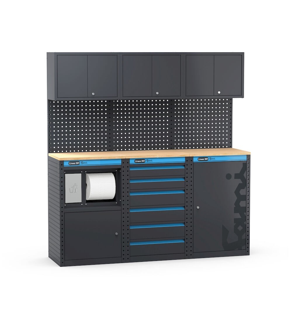 Arredo officina con modulo di servizio, cassettiera e armadio a 1 anta, L1824 x P495 x H1900 mm