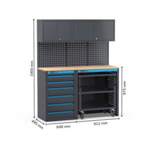 Arredo officina con cassettiera e carrello a 3 piani, L1520 x P495 x H1900 mm