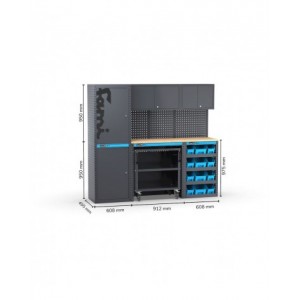 Arredo officina con armadi con 1 anta, carrello a 3 piani e contenitori, misure L2128 x P495 x H1900 mm