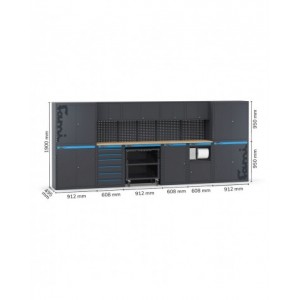 Arredo officina con armadi ad anta, cassettiera, carrello e modulo di servizio, L4560 x P495 x H1900 mm