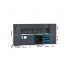 Arredo officina con armadi a un anta, modulo di servizio, cassettiera, carrello e contenitori, L3952 x P495 x H1900 mm