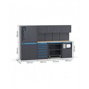 Arredo officina con armadi a due ante, cassettiera, carrello e modulo di servizio, L3040 x P495 x H1900 mm