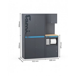 Arredo officina con armadi a 2 ante e modulo di servizio, L1520 x P495 x H1900 mm