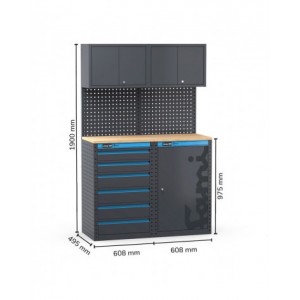 Arredo officina con cassettiera e armadio a 1 anta, L1216 x P495 x H1900 mm