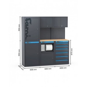 Arredo officina con armadi a 1 anta, modulo di servizio e cassettiera, L1824 x P495 x H1900 mm