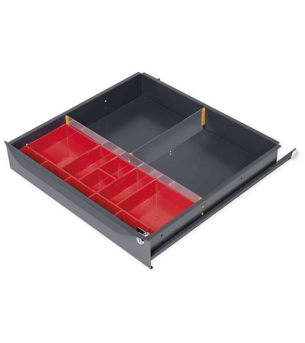 Divisori trasversali, longitudinali e cassette divisorie in plastica per cassetti con L 629 e H frontale 105-150 mm