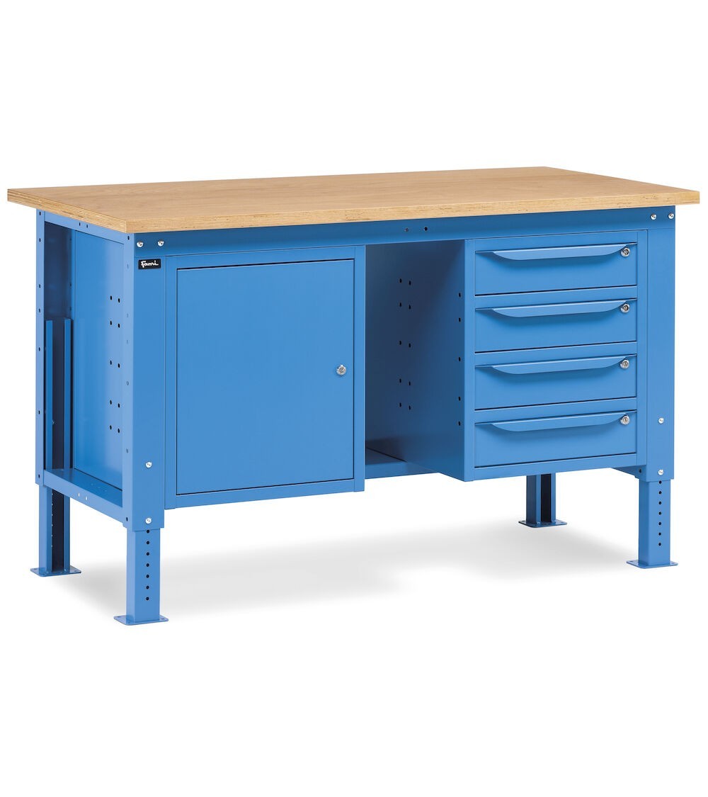 Banco da lavoro WORK1506 con 1 armadio a cassetti con 4 cassetti e 1 armadio con porta