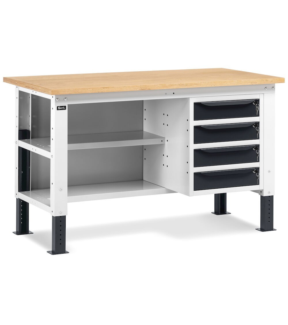 Banco da lavoro WORK1507 con 1 armadio a cassetti con 4 cassetti e 2 semipiani