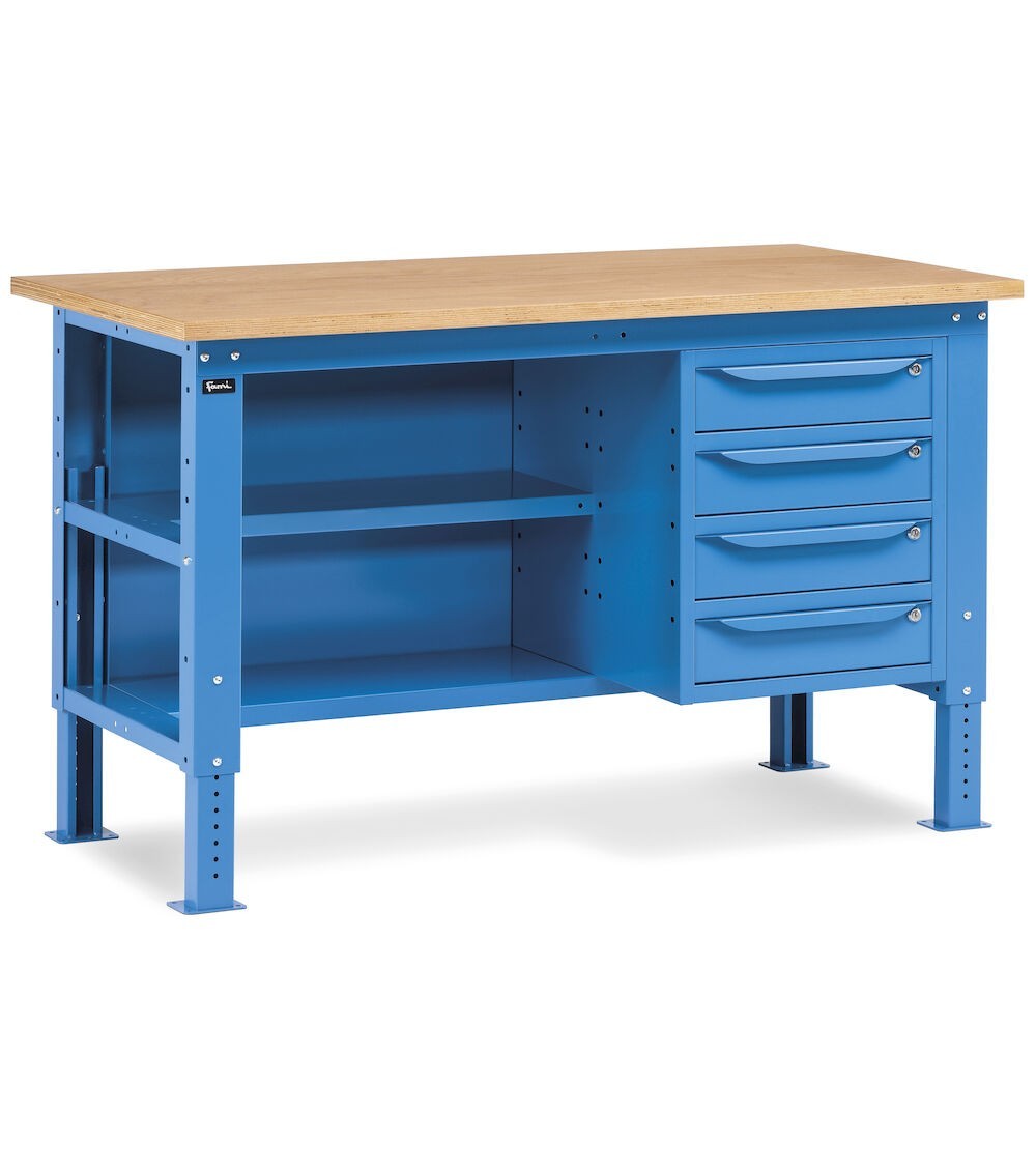 Banco da lavoro WORK1508 con 1 armadio a cassetti con 4 cassetti e 2 semipiani