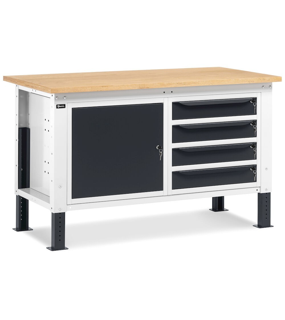 Banco da lavoro WORK1509 con 1 armadio a cassetti con 4 cassetti e 1 armadio con porta