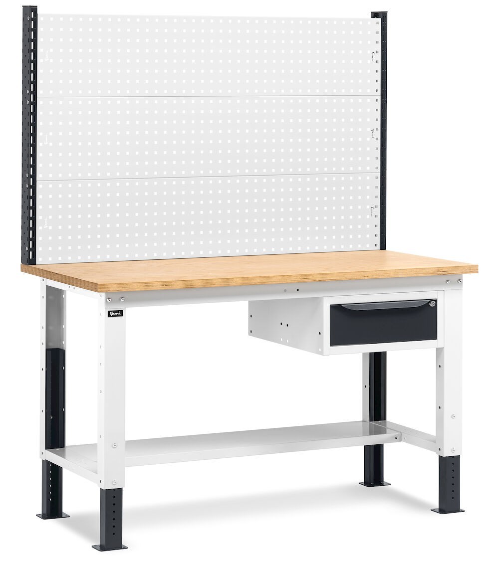 Banco da lavoro regolabile in altezza Work Up WORK1516 con parete attrezzata e 1 cassetto