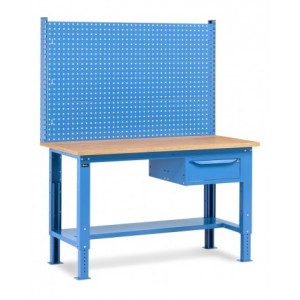 Banco da lavoro regolabile in altezza Work Up WORK1517 con parete attrezzata e 1 cassetto