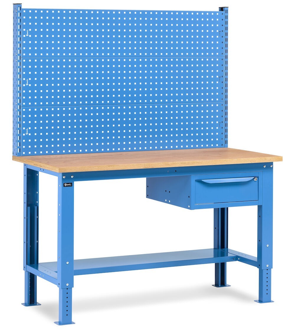 Banco da lavoro regolabile in altezza Work Up WORK1517 con parete attrezzata e 1 cassetto