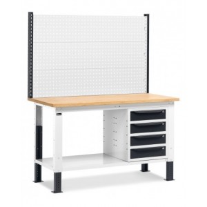 Banco da lavoro regolabile in altezza Work Up WORK1518 con parete attrezzata e 4 cassetti