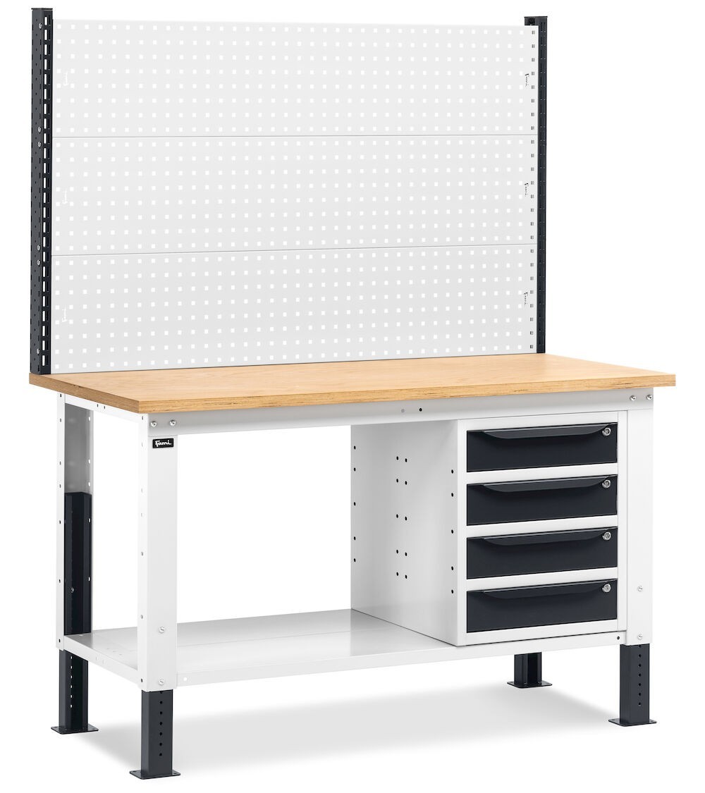 Banco da lavoro regolabile in altezza Work Up WORK1518 con parete attrezzata e 4 cassetti